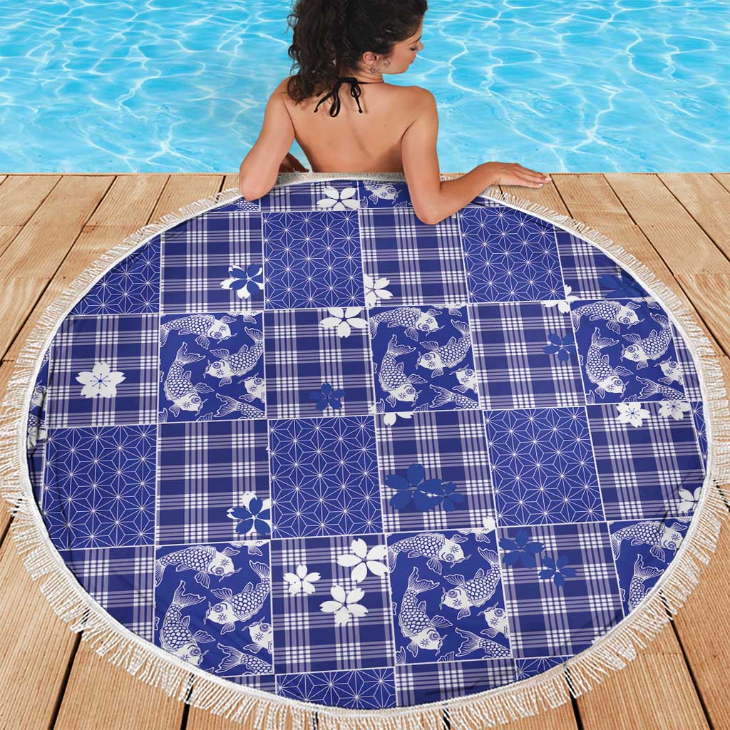 Blue Palaka Japanese Patterns Beach Blanket Koi Fish Asanoha Sakura Patchwork Stylized - Polynesian Pride