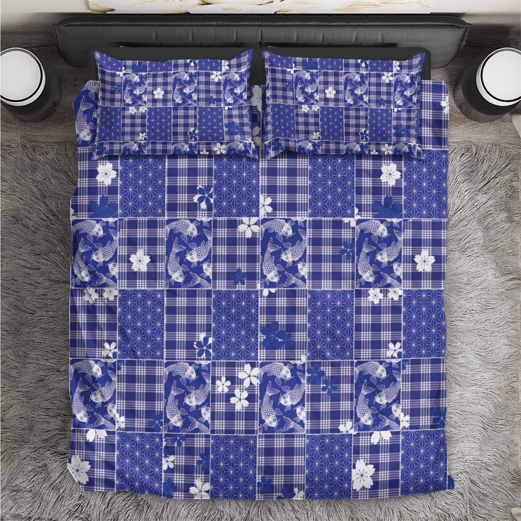 Blue Palaka Japanese Patterns Bedding Set Koi Fish Asanoha Sakura Patchwork Stylized - Polynesian Pride