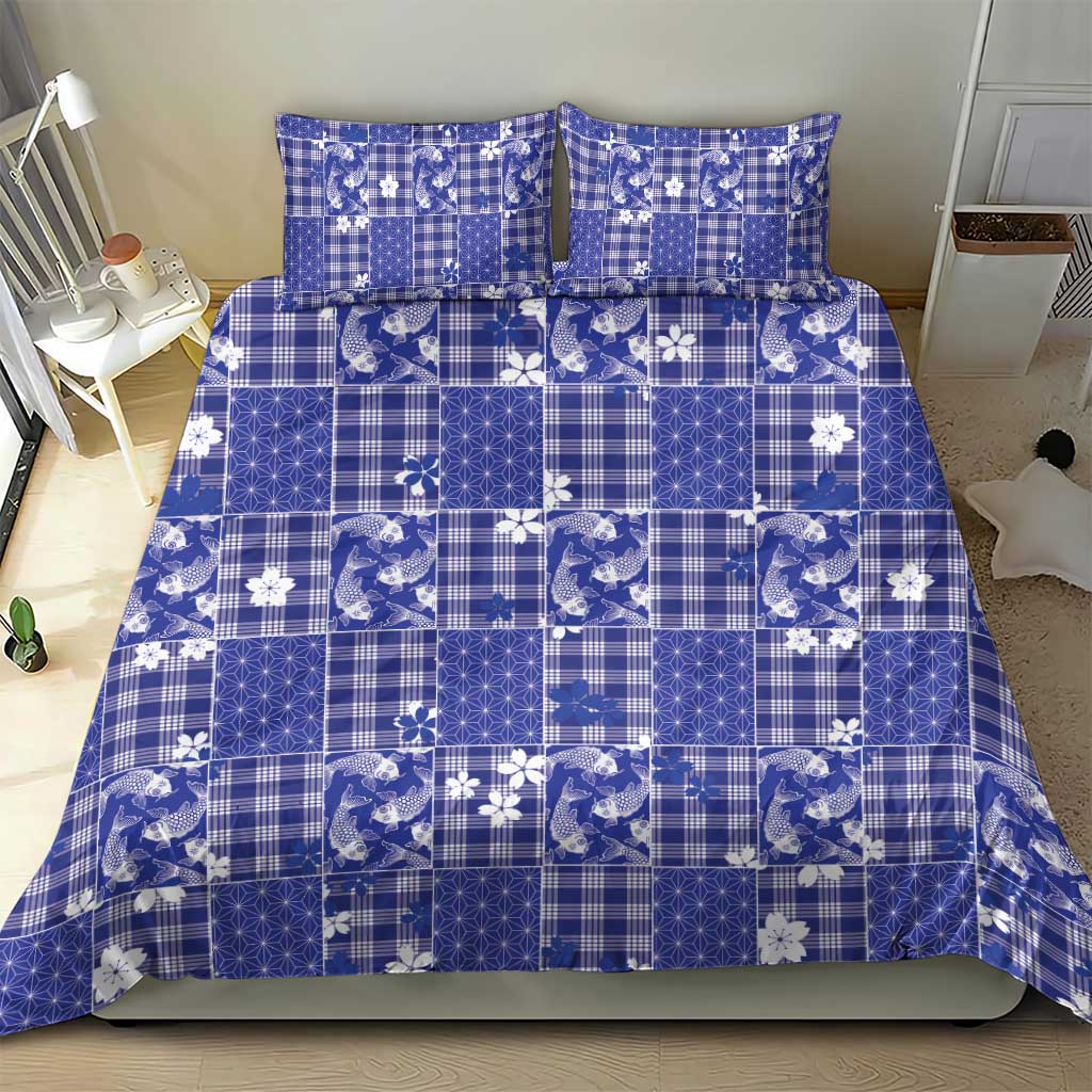 Blue Palaka Japanese Patterns Bedding Set Koi Fish Asanoha Sakura Patchwork Stylized - Polynesian Pride