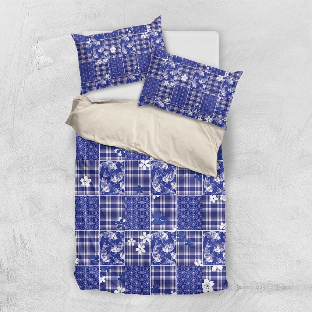 Blue Palaka Japanese Patterns Bedding Set Koi Fish Asanoha Sakura Patchwork Stylized - Polynesian Pride