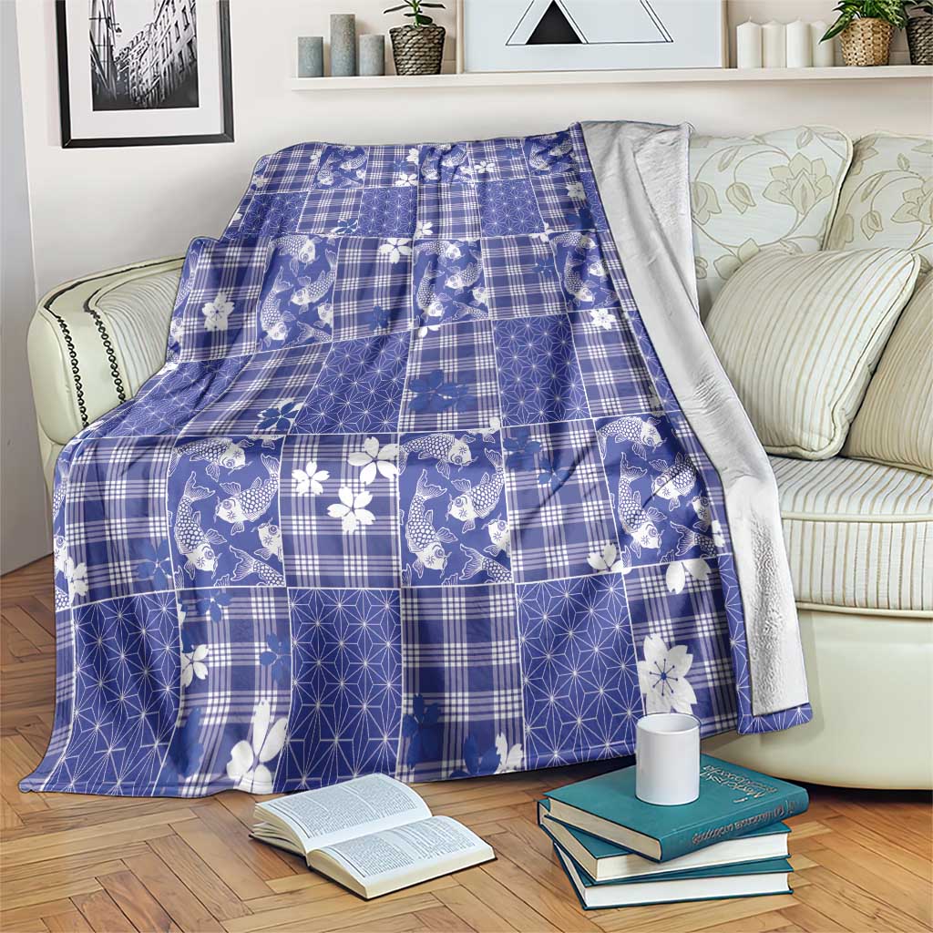 Blue Palaka Japanese Patterns Blanket Koi Fish Asanoha Sakura Patchwork Stylized - Polynesian Pride