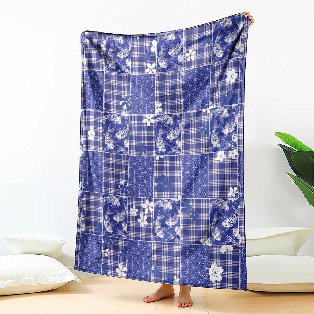 Blue Palaka Japanese Patterns Blanket Koi Fish Asanoha Sakura Patchwork Stylized - Polynesian Pride