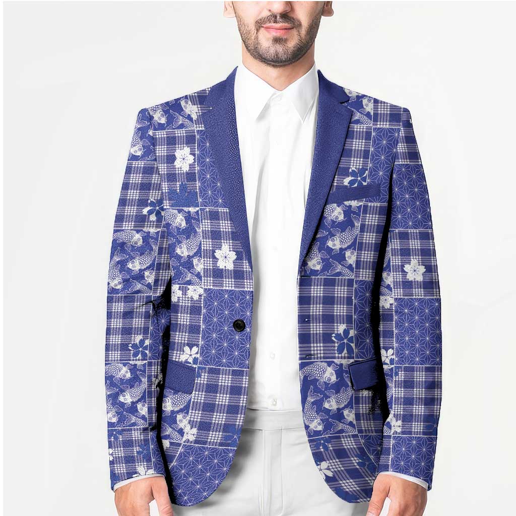 Blue Palaka Japanese Patterns Blazer Koi Fish Asanoha Sakura Patchwork Stylized - Polynesian Pride