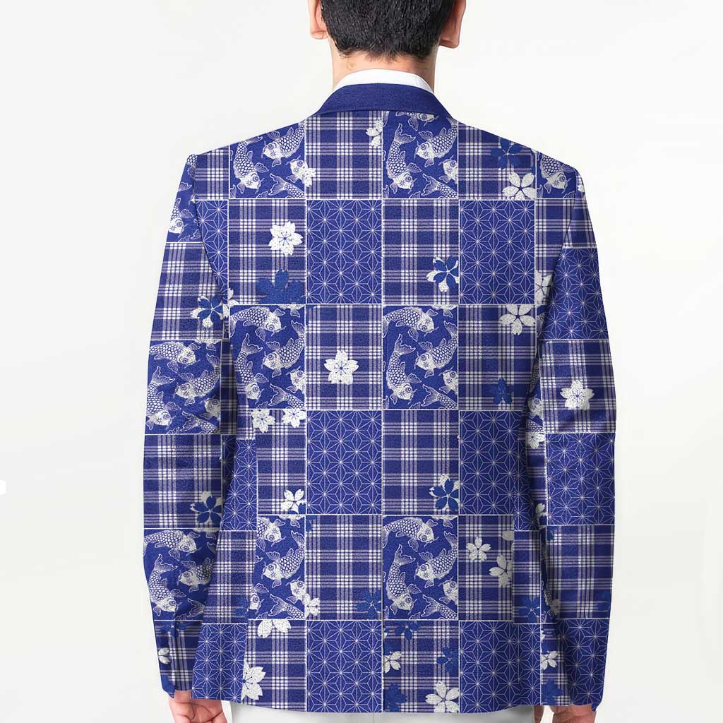 Blue Palaka Japanese Patterns Blazer Koi Fish Asanoha Sakura Patchwork Stylized - Polynesian Pride