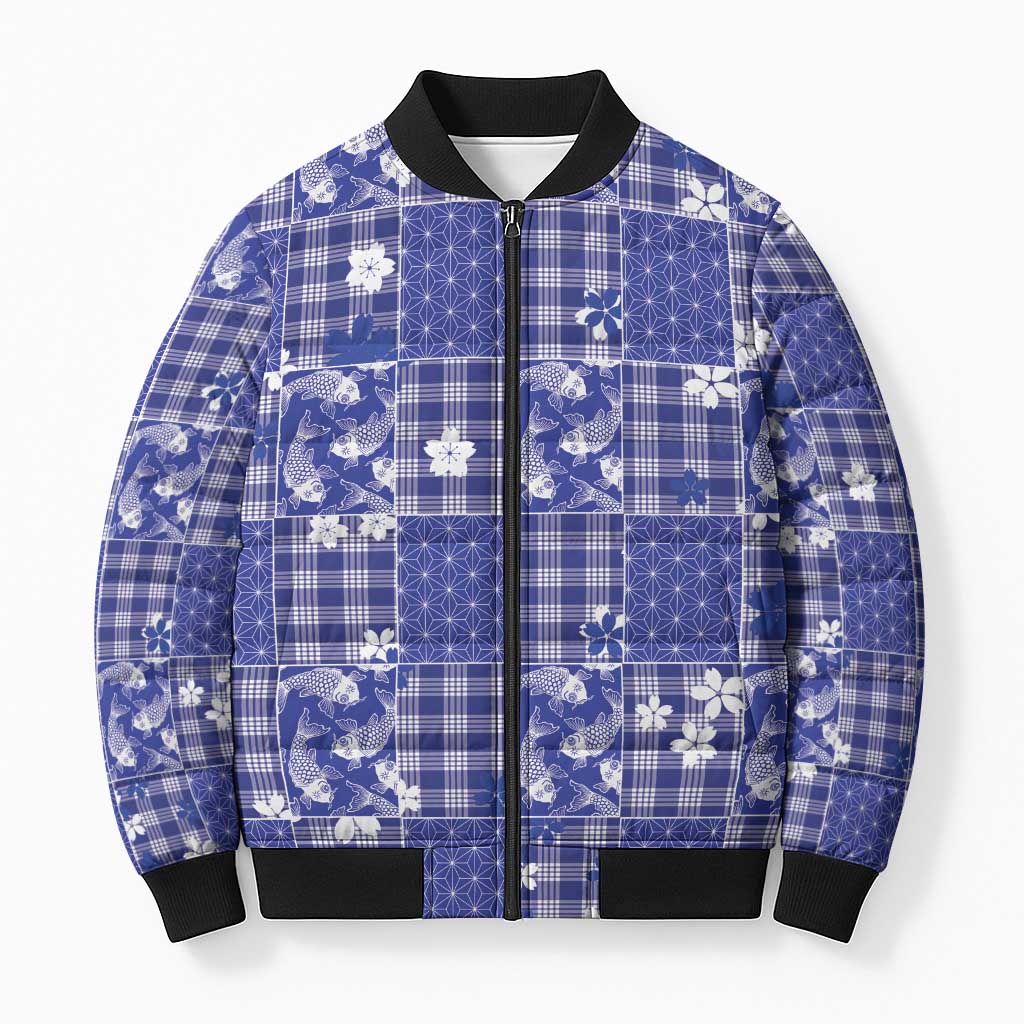 Blue Palaka Japanese Patterns Bomber Puffer Jacket Koi Fish Asanoha Sakura Patchwork Stylized LT14 Unisex Blue - Polynesian Pride