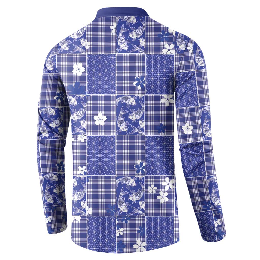 Blue Palaka Japanese Patterns Button Sweatshirt Koi Fish Asanoha Sakura Patchwork Stylized - Polynesian Pride