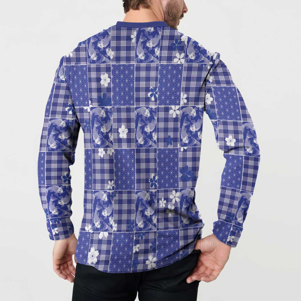 Blue Palaka Japanese Patterns Button Sweatshirt Koi Fish Asanoha Sakura Patchwork Stylized - Polynesian Pride