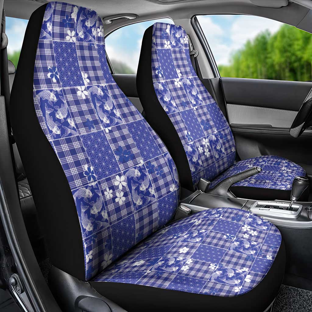 Blue Palaka Japanese Patterns Car Seat Cover Koi Fish Asanoha Sakura Patchwork Stylized - Polynesian Pride