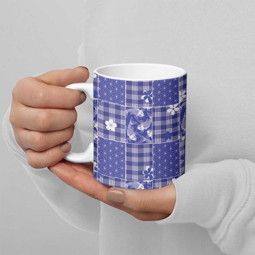 Blue Palaka Japanese Patterns Ceramic Mug Koi Fish Asanoha Sakura Patchwork Stylized - Polynesian Pride
