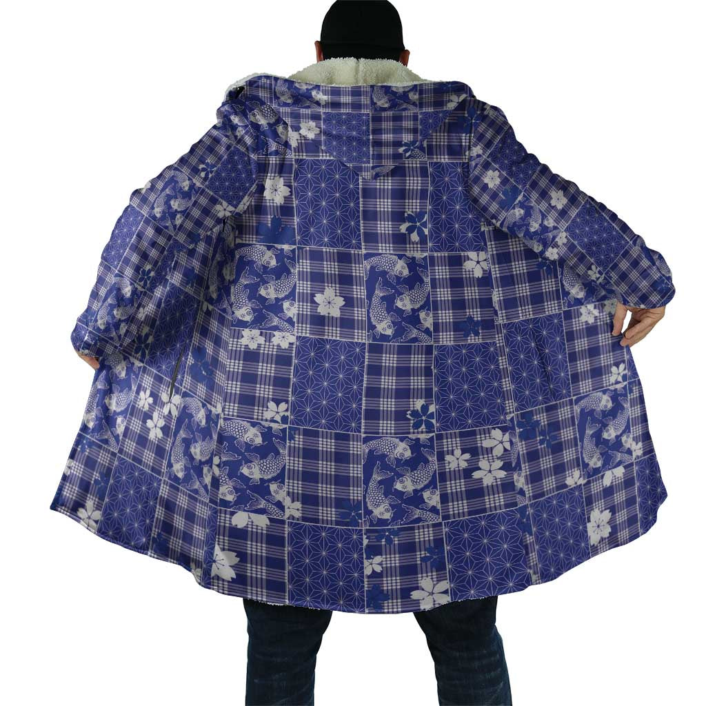 Blue Palaka Japanese Patterns Cloak Koi Fish Asanoha Sakura Patchwork Stylized - Polynesian Pride