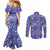 Blue Palaka Japanese Patterns Couples Matching Mermaid Dress and Long Sleeve Button Shirt Koi Fish Asanoha Sakura Patchwork Stylized - Polynesian Pride