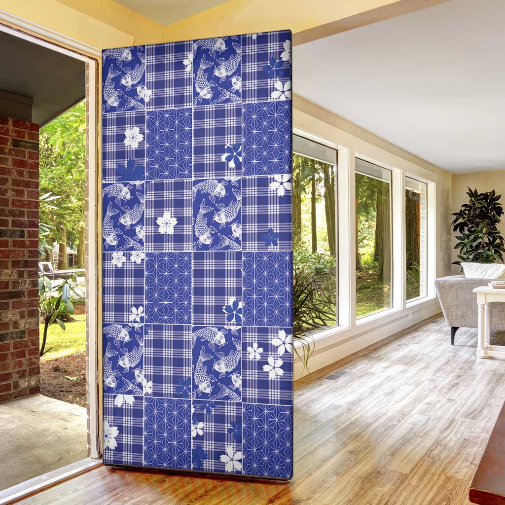 Blue Palaka Japanese Patterns Door Cover Koi Fish Asanoha Sakura Patchwork Stylized - Polynesian Pride