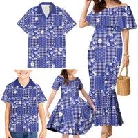 Blue Palaka Japanese Patterns Family Matching Mermaid Dress and Hawaiian Shirt Koi Fish Asanoha Sakura Patchwork Stylized - Polynesian Pride