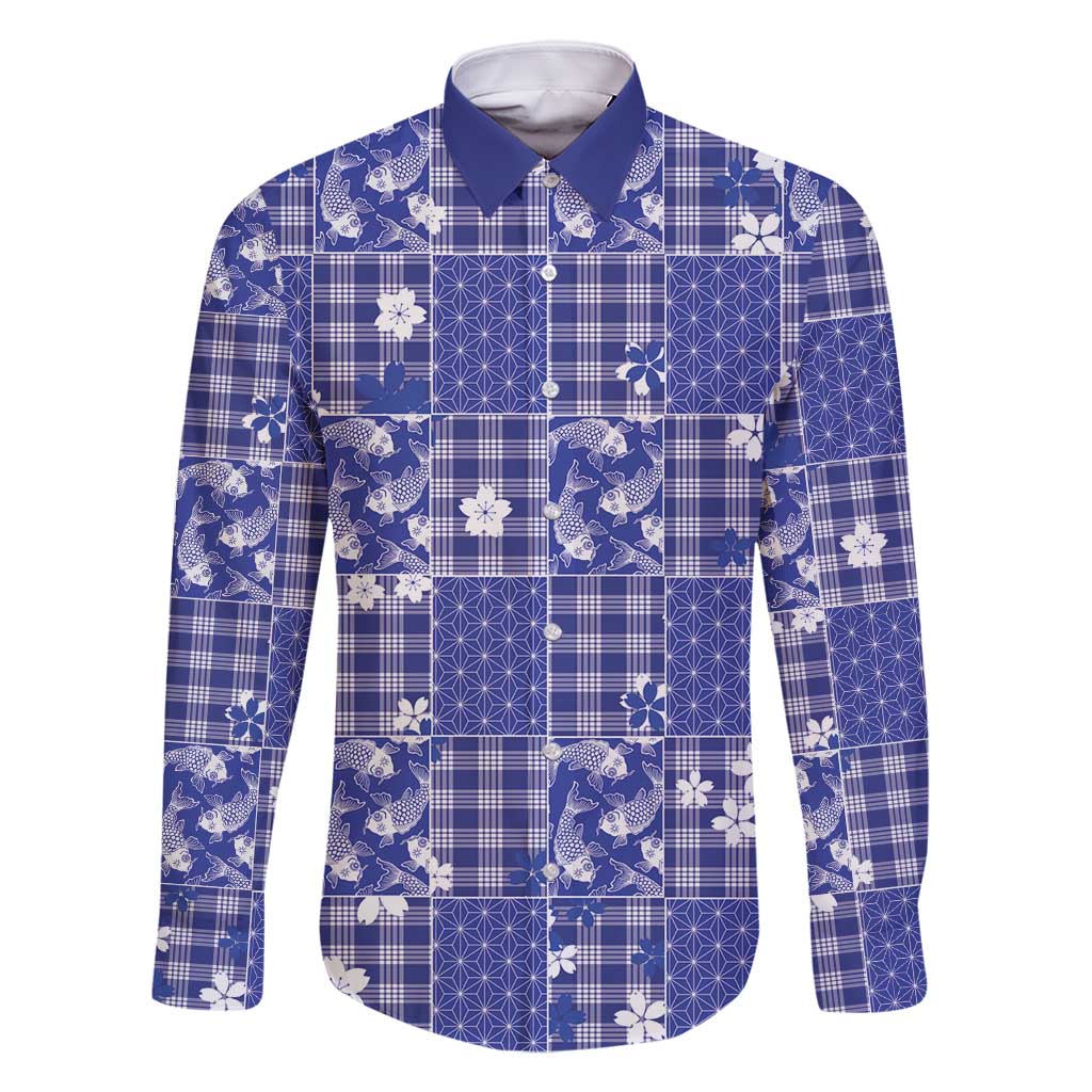 Blue Palaka Japanese Patterns Family Matching Mermaid Dress and Hawaiian Shirt Koi Fish Asanoha Sakura Patchwork Stylized - Polynesian Pride