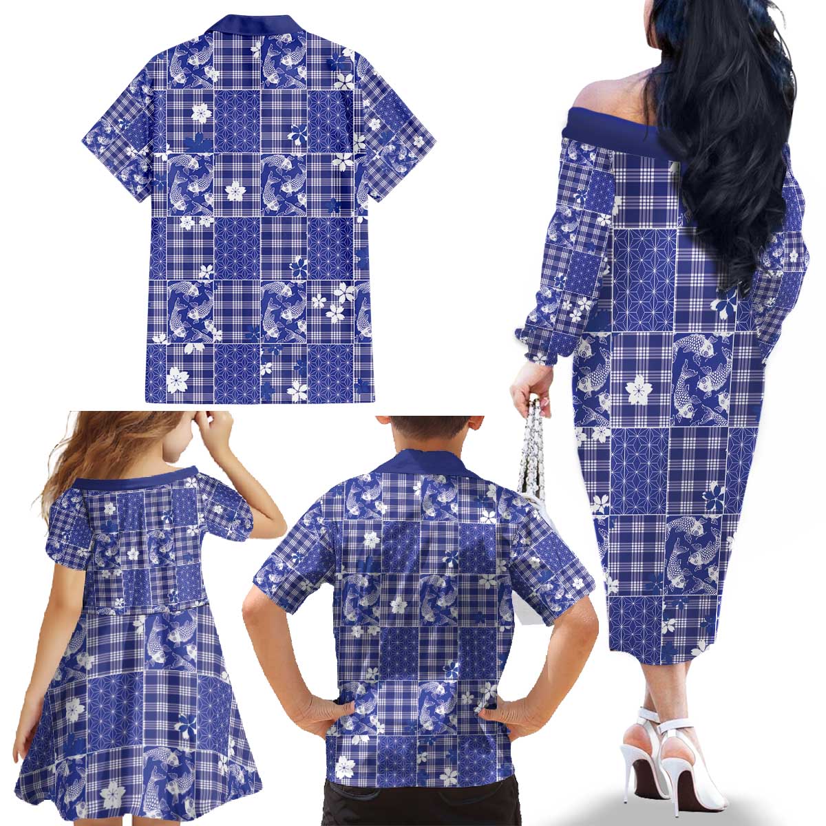 Blue Palaka Japanese Patterns Family Matching Off The Shoulder Long Sleeve Dress and Hawaiian Shirt Koi Fish Asanoha Sakura Patchwork Stylized - Polynesian Pride