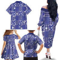 Blue Palaka Japanese Patterns Family Matching Off The Shoulder Long Sleeve Dress and Hawaiian Shirt Koi Fish Asanoha Sakura Patchwork Stylized - Polynesian Pride