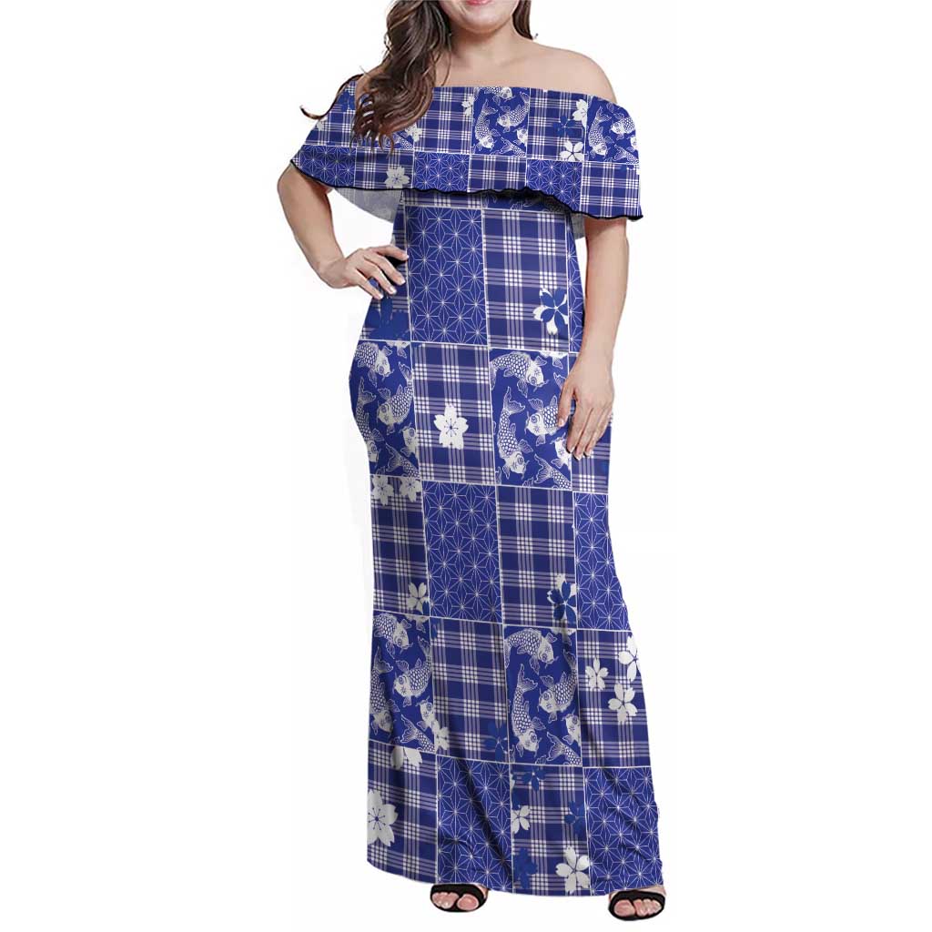 Blue Palaka Japanese Patterns Family Matching Off Shoulder Maxi Dress and Hawaiian Shirt Koi Fish Asanoha Sakura Patchwork Stylized - Polynesian Pride