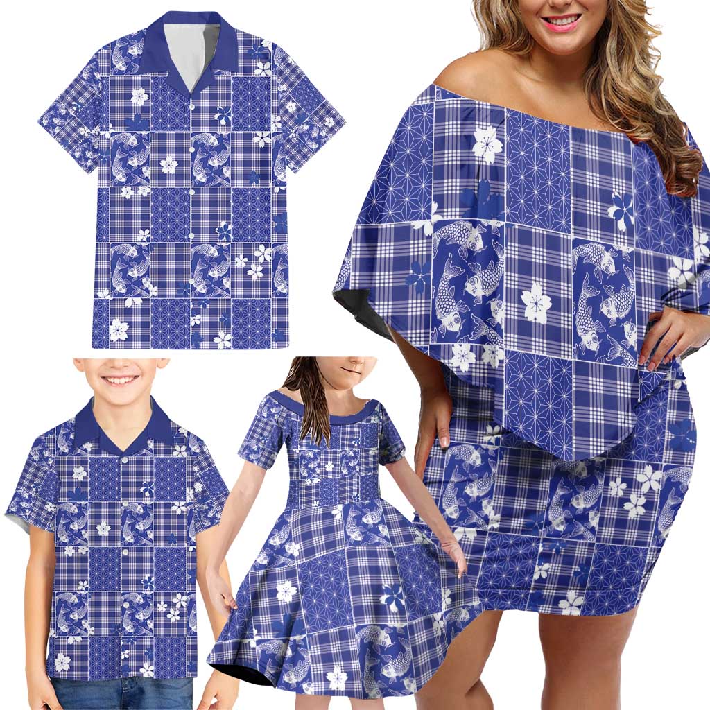 Blue Palaka Japanese Patterns Family Matching Off Shoulder Short Dress and Hawaiian Shirt Koi Fish Asanoha Sakura Patchwork Stylized - Polynesian Pride