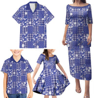 Blue Palaka Japanese Patterns Family Matching Puletasi and Hawaiian Shirt Koi Fish Asanoha Sakura Patchwork Stylized - Polynesian Pride