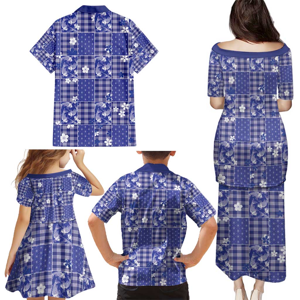 Blue Palaka Japanese Patterns Family Matching Puletasi and Hawaiian Shirt Koi Fish Asanoha Sakura Patchwork Stylized - Polynesian Pride