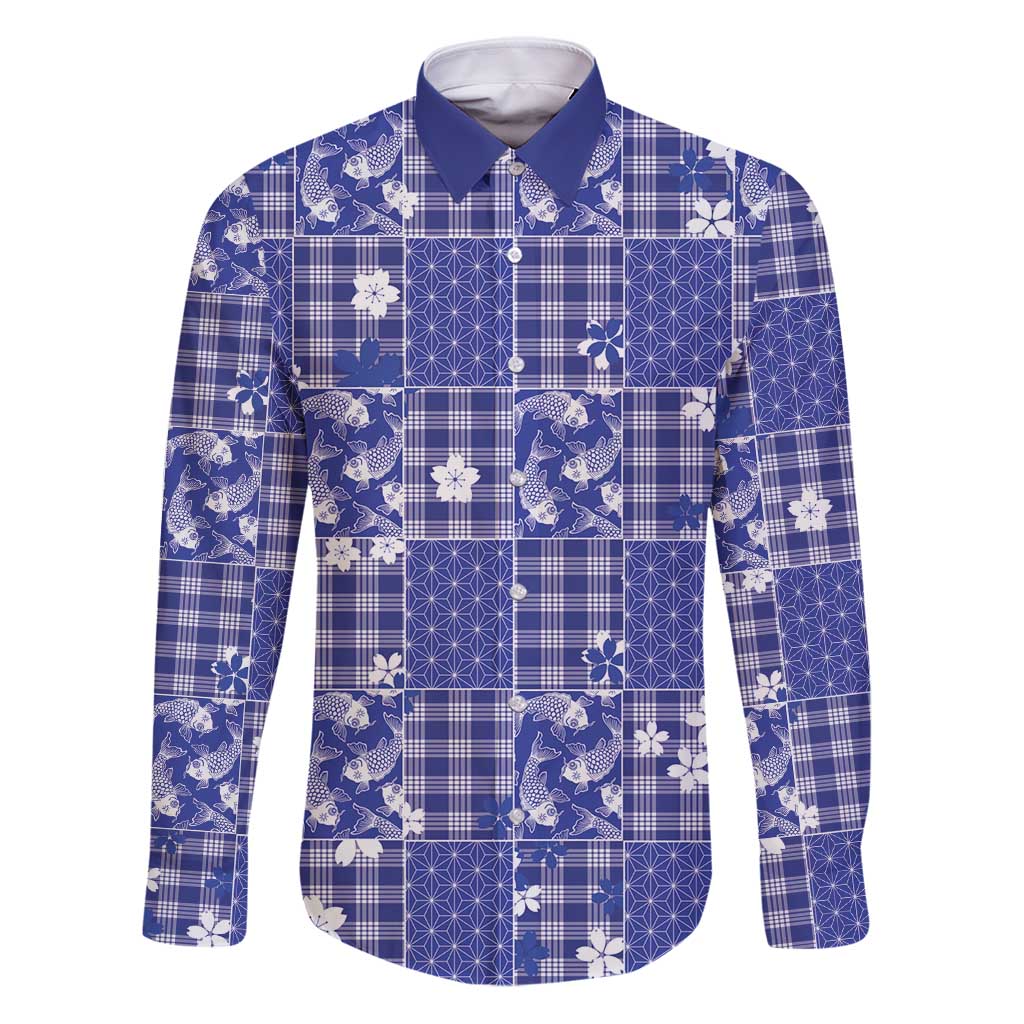 Blue Palaka Japanese Patterns Family Matching Puletasi and Hawaiian Shirt Koi Fish Asanoha Sakura Patchwork Stylized - Polynesian Pride