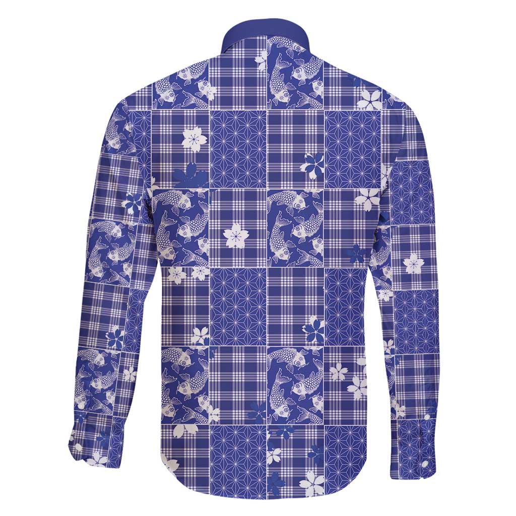 Blue Palaka Japanese Patterns Family Matching Puletasi and Hawaiian Shirt Koi Fish Asanoha Sakura Patchwork Stylized - Polynesian Pride