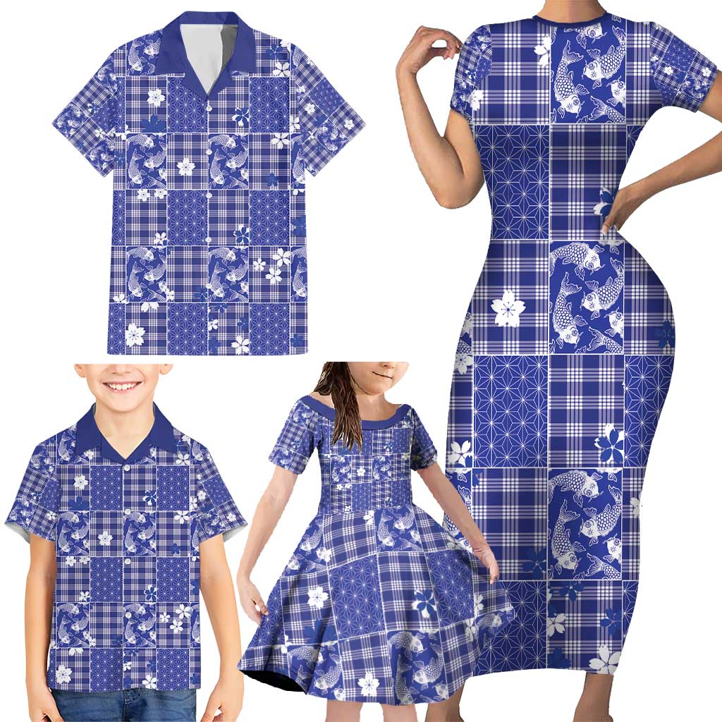 Blue Palaka Japanese Patterns Family Matching Short Sleeve Bodycon Dress and Hawaiian Shirt Koi Fish Asanoha Sakura Patchwork Stylized - Polynesian Pride