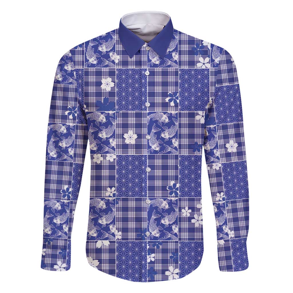 Blue Palaka Japanese Patterns Family Matching Short Sleeve Bodycon Dress and Hawaiian Shirt Koi Fish Asanoha Sakura Patchwork Stylized - Polynesian Pride