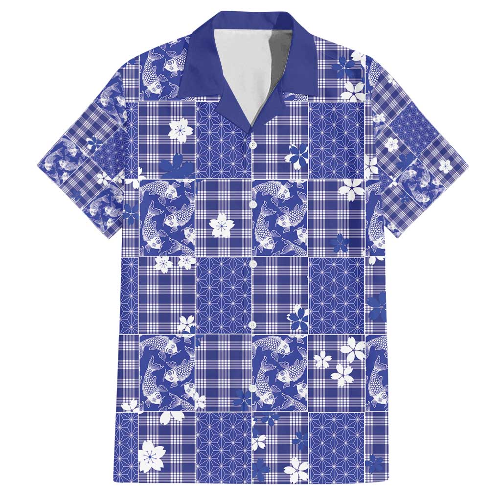 Blue Palaka Japanese Patterns Family Matching Summer Maxi Dress and Hawaiian Shirt Koi Fish Asanoha Sakura Patchwork Stylized - Polynesian Pride