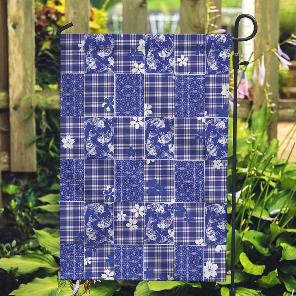 Blue Palaka Japanese Patterns Garden Flag Koi Fish Asanoha Sakura Patchwork Stylized - Polynesian Pride