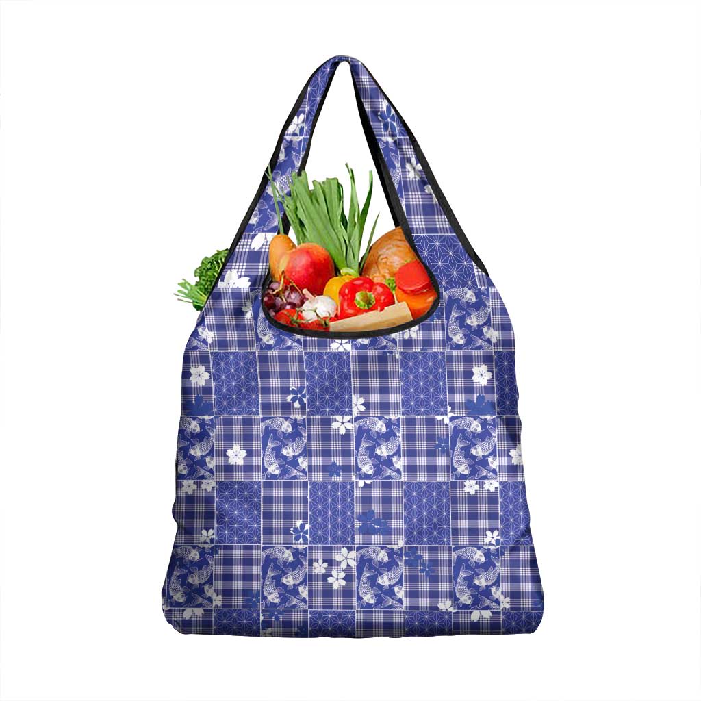 Blue Palaka Japanese Patterns Grocery Bag Koi Fish Asanoha Sakura Patchwork Stylized LT14 1-pack One Size Blue - Polynesian Pride