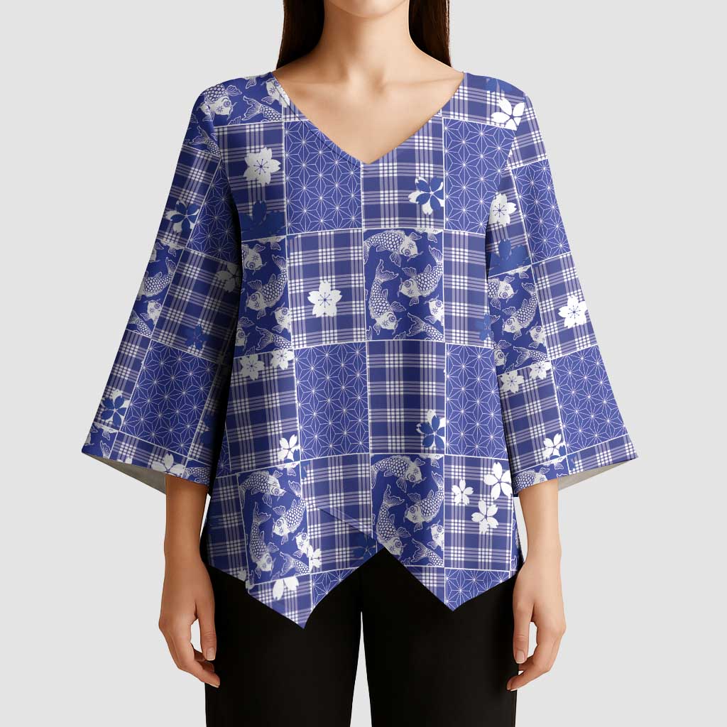 Blue Palaka Japanese Patterns Kimono Sleeve Blouse Koi Fish Asanoha Sakura Patchwork Stylized - Polynesian Pride