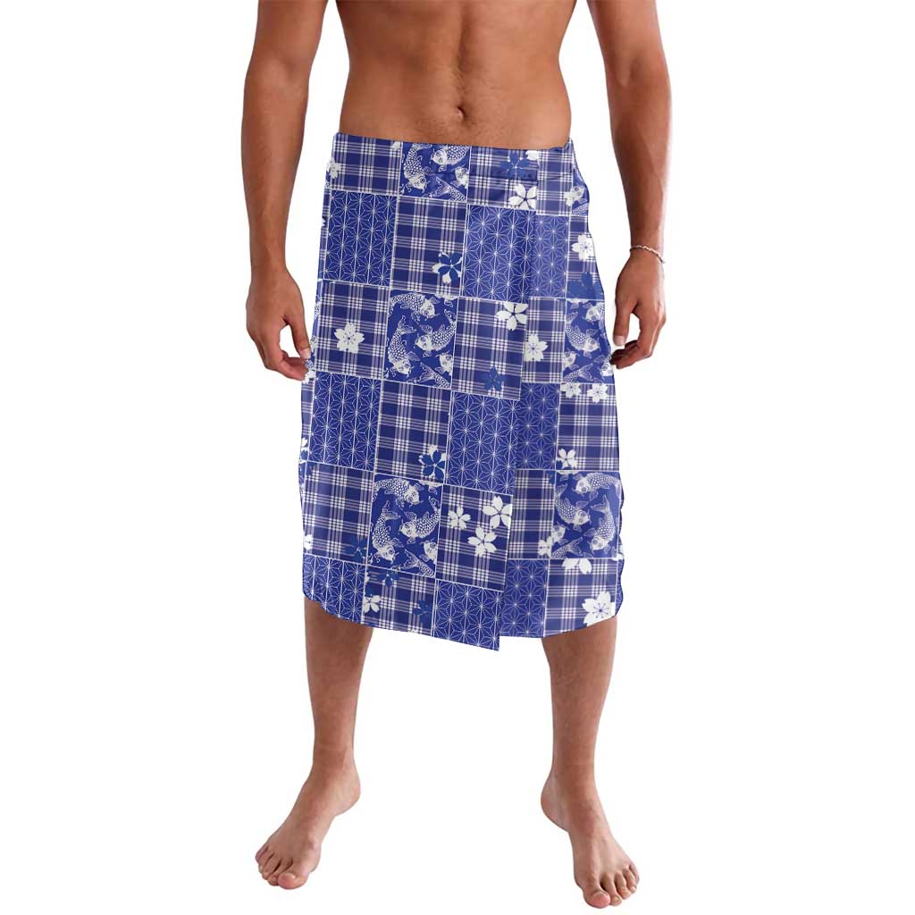 Blue Palaka Japanese Patterns Lavalava Koi Fish Asanoha Sakura Patchwork Stylized - Polynesian Pride