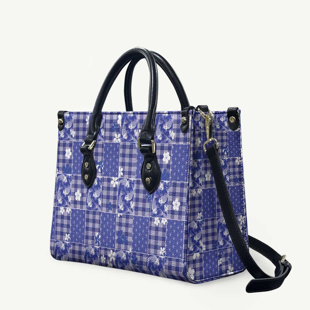 Blue Palaka Japanese Patterns Leather Bag Koi Fish Asanoha Sakura Patchwork Stylized - Polynesian Pride