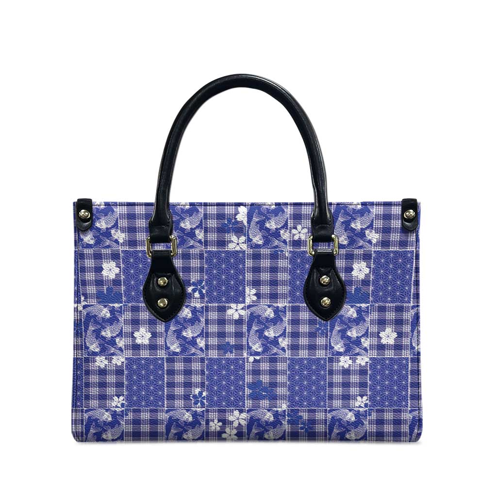 Blue Palaka Japanese Patterns Leather Bag Koi Fish Asanoha Sakura Patchwork Stylized - Polynesian Pride