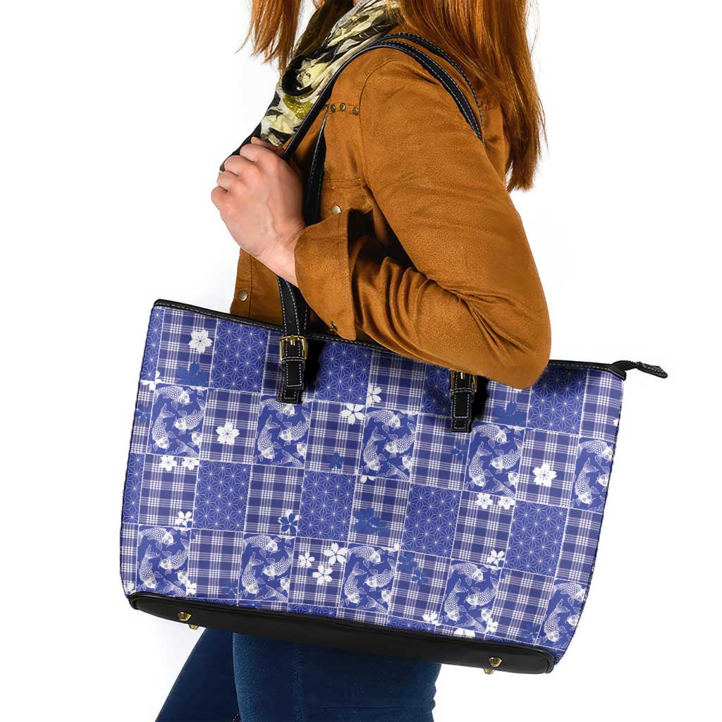 Blue Palaka Japanese Patterns Leather Tote Bag Koi Fish Asanoha Sakura Patchwork Stylized LT14 Blue - Polynesian Pride