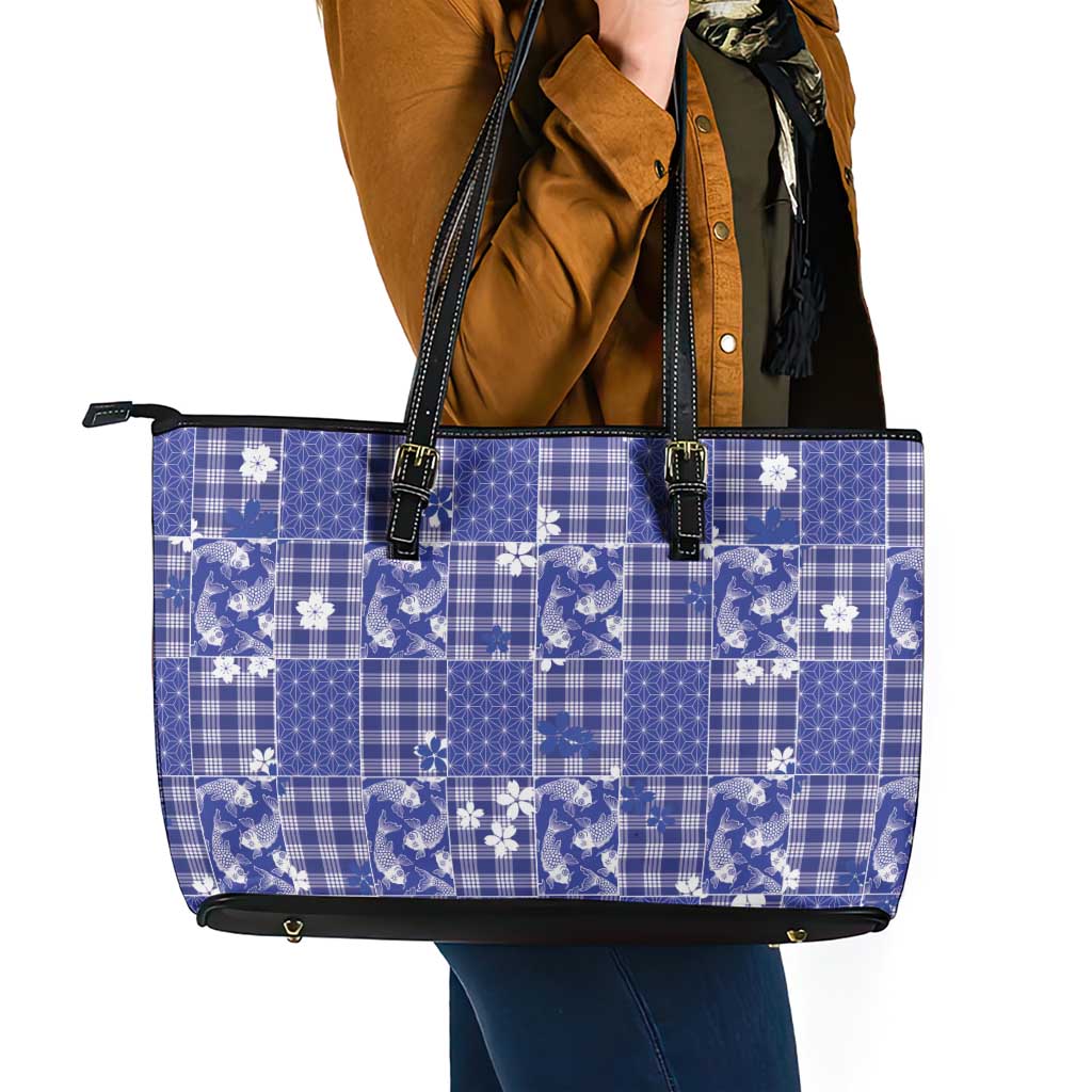 Blue Palaka Japanese Patterns Leather Tote Bag Koi Fish Asanoha Sakura Patchwork Stylized - Polynesian Pride