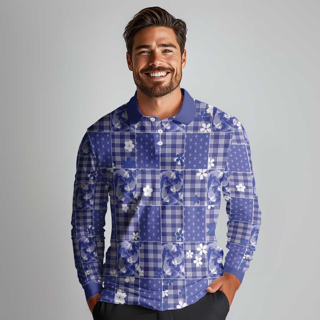 Blue Palaka Japanese Patterns Long Sleeve Polo Shirt Koi Fish Asanoha Sakura Patchwork Stylized - Polynesian Pride