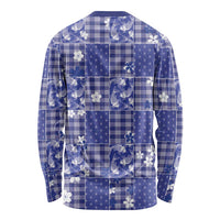 Blue Palaka Japanese Patterns Long Sleeve Shirt Koi Fish Asanoha Sakura Patchwork Stylized - Polynesian Pride