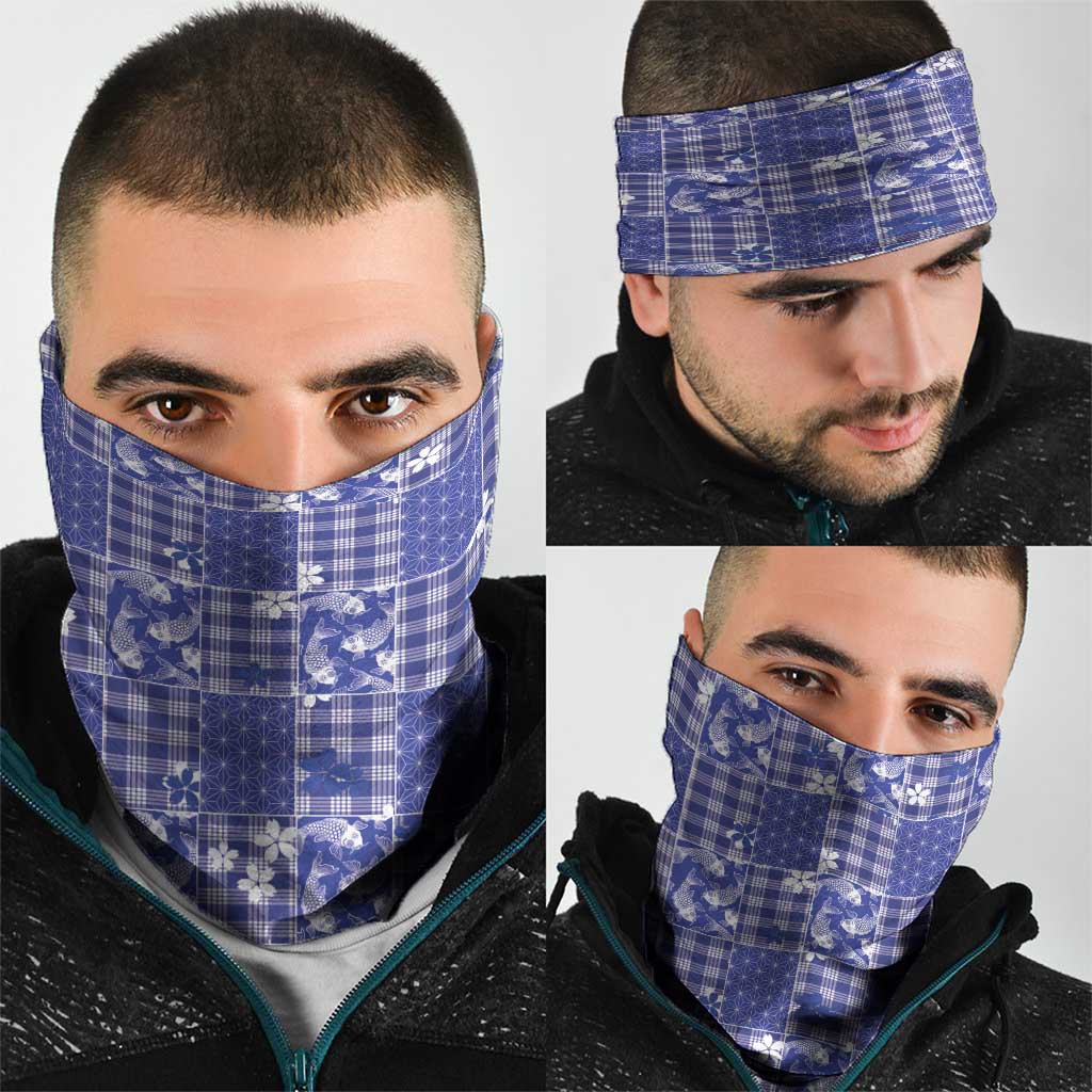 Blue Palaka Japanese Patterns Neck Gaiter Koi Fish Asanoha Sakura Patchwork Stylized - Polynesian Pride