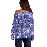 Blue Palaka Japanese Patterns Off Shoulder Sweater Koi Fish Asanoha Sakura Patchwork Stylized - Polynesian Pride