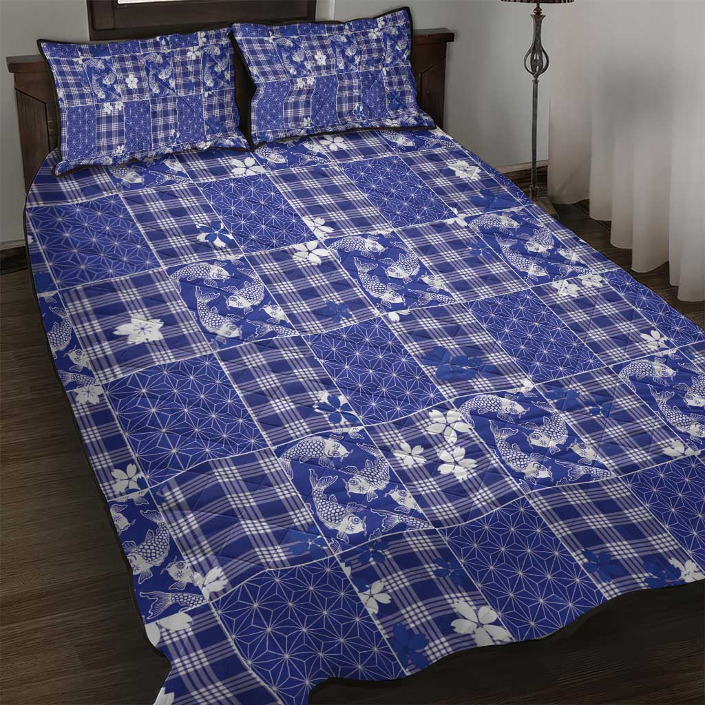Blue Palaka Japanese Patterns Quilt Bed Set Koi Fish Asanoha Sakura Patchwork Stylized LT14 Blue - Polynesian Pride