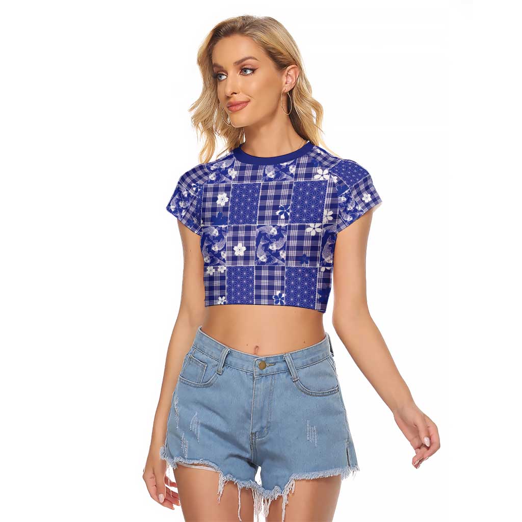 Blue Palaka Japanese Patterns Raglan Cropped T Shirt Koi Fish Asanoha Sakura Patchwork Stylized LT14 Female Blue - Polynesian Pride
