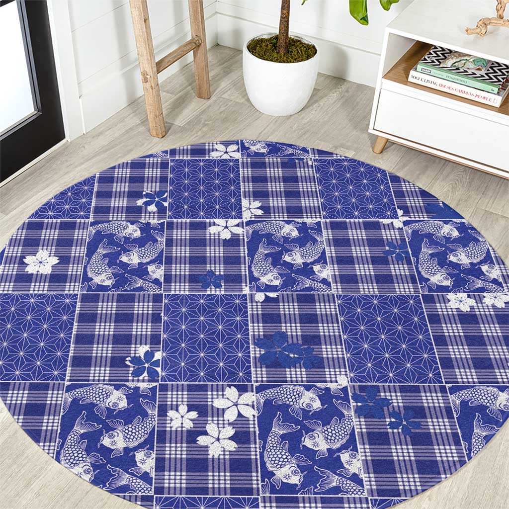 Blue Palaka Japanese Patterns Round Carpet Koi Fish Asanoha Sakura Patchwork Stylized LT14 Blue - Polynesian Pride
