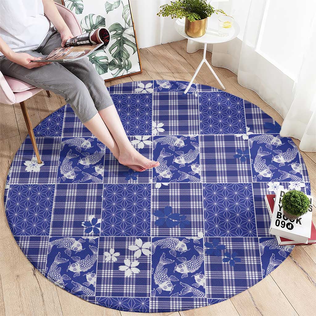 Blue Palaka Japanese Patterns Round Carpet Koi Fish Asanoha Sakura Patchwork Stylized LT14 - Polynesian Pride