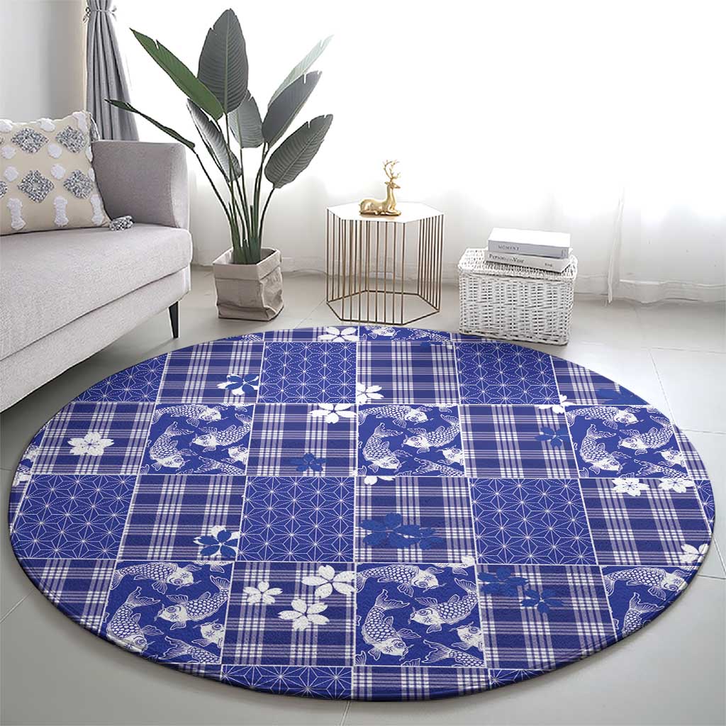 Blue Palaka Japanese Patterns Round Carpet Koi Fish Asanoha Sakura Patchwork Stylized LT14 - Polynesian Pride