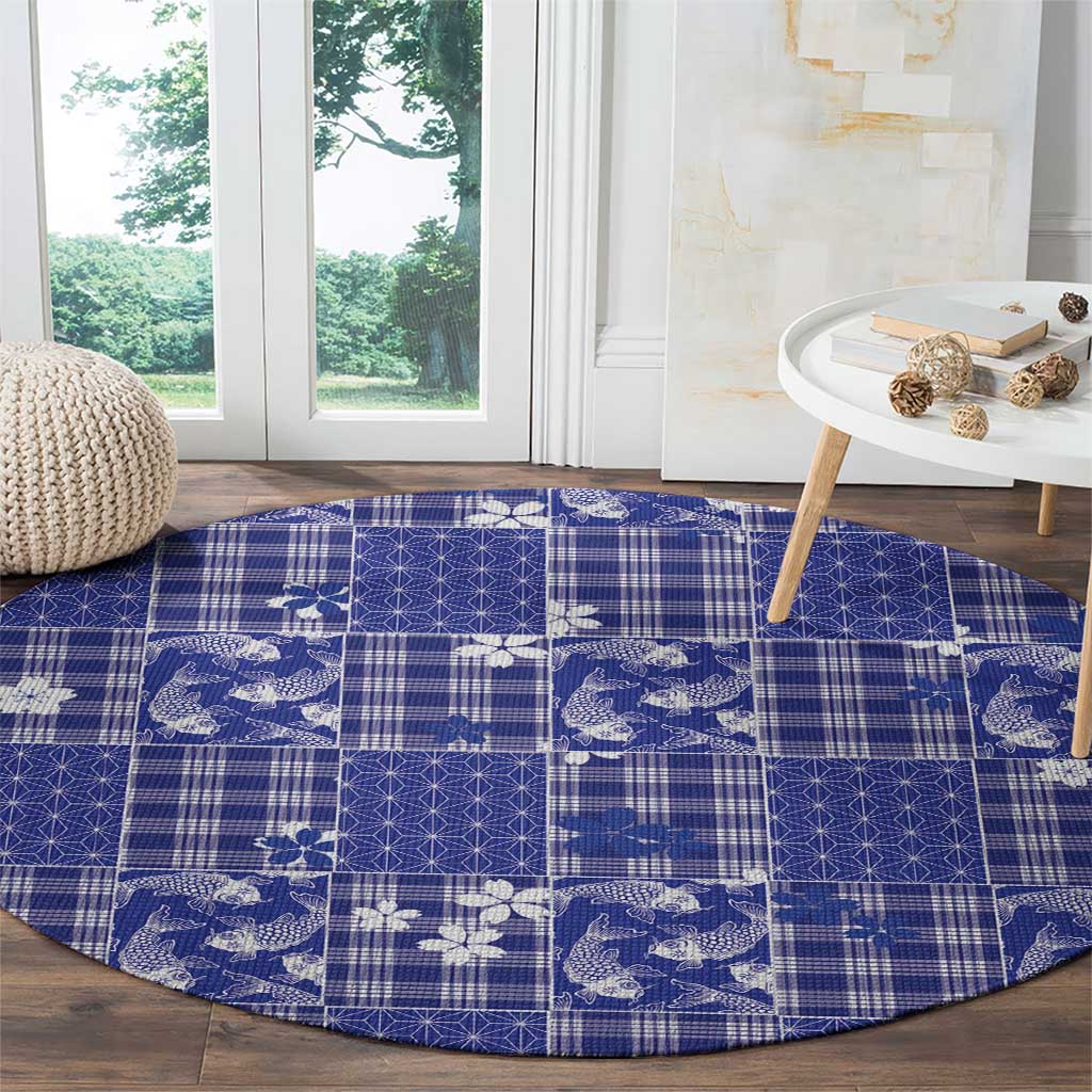 Blue Palaka Japanese Patterns Round Carpet Koi Fish Asanoha Sakura Patchwork Stylized LT14 - Polynesian Pride