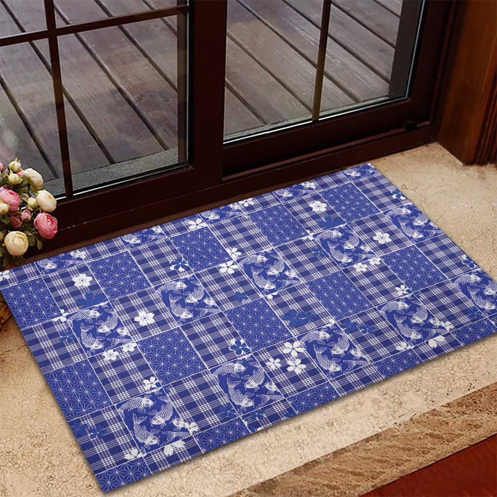 Blue Palaka Japanese Patterns Rubber Doormat Koi Fish Asanoha Sakura Patchwork Stylized - Polynesian Pride