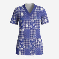 Blue Palaka Japanese Patterns Scrub Top Koi Fish Asanoha Sakura Patchwork Stylized - Polynesian Pride