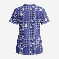 Blue Palaka Japanese Patterns Scrub Top Koi Fish Asanoha Sakura Patchwork Stylized - Polynesian Pride